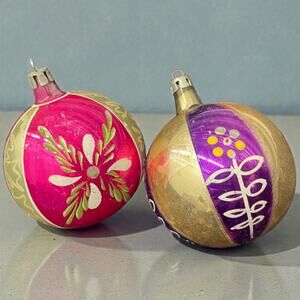 Vintage Polish Hand-Painted Mercury Glass Ornaments with Floral Design, Set of 2